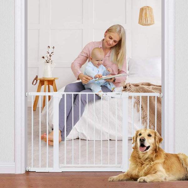 Cumbor 51.6-Inch Baby Gate Extra Wide, Easy Walk Thru Dog Gate for The House, Auto Close Baby Gates for Stairs, Doorways, Includes 2.75", 5.5" and 11" Extension Kit, Mounting Kit