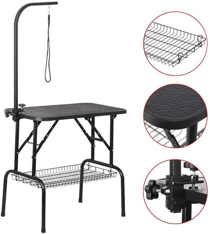 Yaheetech Portable Small Pet Dog Grooming Table Adjustable Height - 32\/45-inch Drying Table w\/Arm\/Noose\/Mesh Tray for Small Dogs Cats Non-Slip Maximum Capacity Up to 220lbs Black