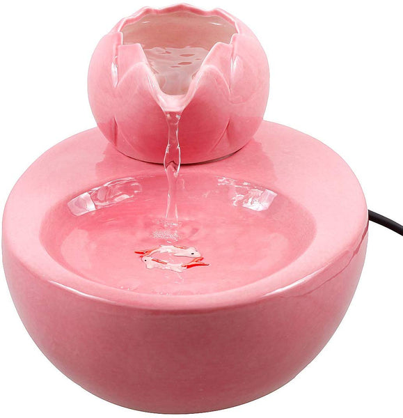 ROSE CREATE Ceramic Cat Drinking Water Fountain, 1.3 Liters Pet Water Fountains for Cats and Dogs, Electric Pet Water Dispenser with Quiet Pump and 5 Replacement Filters - Pink Lotus Style