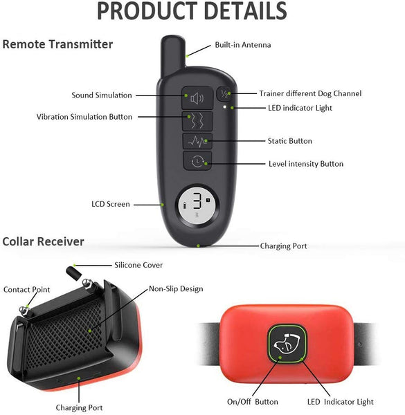 HOTLEA Dog Shock Collar with Remote, IP67 Waterproof Dog Training Collar, 3 Training Modes Suitable for Small/Medium/Large Dogs, up to 1300Ft Remote Range