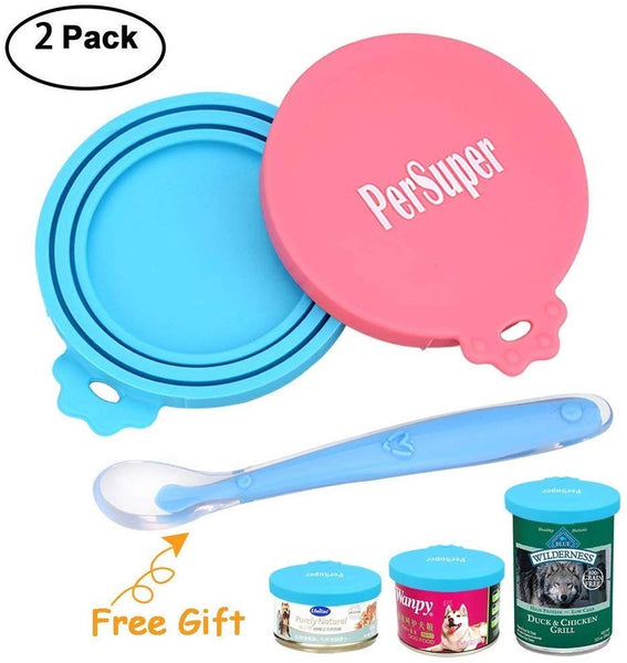 PERSUPER Pet Can Covers Scoop Packaging - 1 Spoon + 2 Pack Universal BPA Free Silicone Pet Food Can Multiple Sizes Lid Covers, One Size Fits All Standard Size Dog and Cat Can Tops