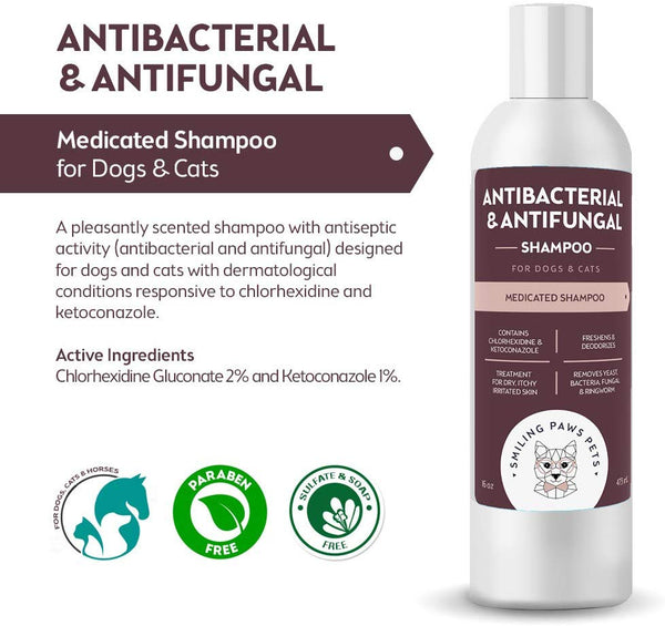 Antibacterial & Antifungal Shampoo For Dogs & Cats – Contains Ketoconazole & Chlorhexidine - Dog Skin Yeast Infection Treatment - Effective Against Ringworm, Pyoderma, Bacteria & Fungus. 16oz