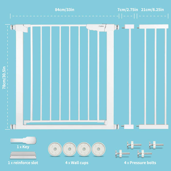 Cumbor 43.3” Auto Close Safety Baby Gate, Extra Tall and Wide Child Gate, Easy Walk Thru Durability Dog Gate for The House, Stairs, Doorways. Includes 4 Wall Cups, 2.75-Inch and 8.25-Inch Extension