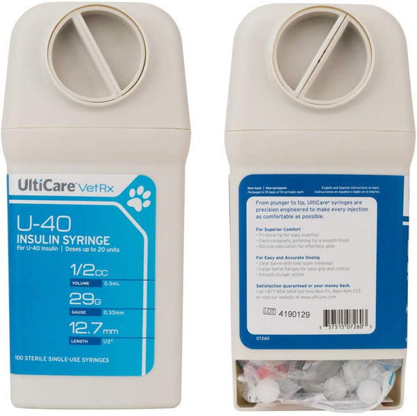 UltiCare VetRx U-40 UltiGuard Safe Pack Pet Insulin Syringes 1\/2cc, 29G x 1\/2", 100ct