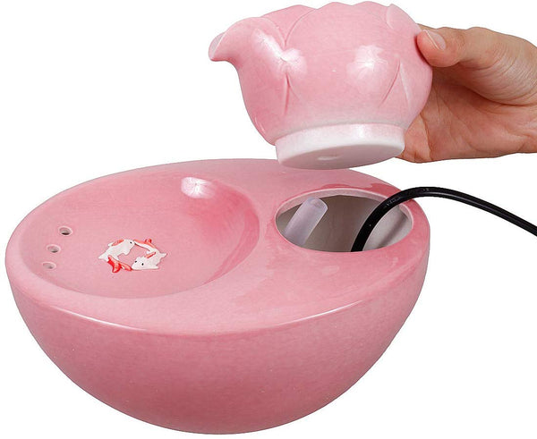 ROSE CREATE Ceramic Cat Drinking Water Fountain, 1.3 Liters Pet Water Fountains for Cats and Dogs, Electric Pet Water Dispenser with Quiet Pump and 5 Replacement Filters - Pink Lotus Style