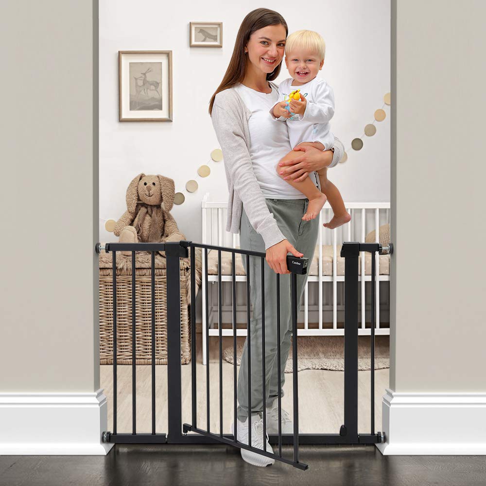 Cumbor 43.3” Auto Close Safety Baby Gate, Extra Tall and Wide Child Gate, Easy Walk Thru Durability Dog Gate for The House, Stairs, Doorways. Includes 4 Wall Cups, 2.75-Inch and 8.25-Inch Extension