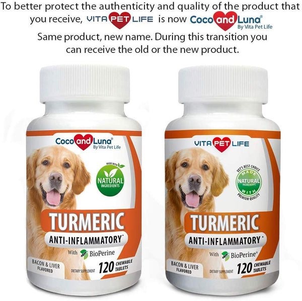 Vita Pet Life Turmeric for Dogs - Curcumin and BioPerine Anti Inflammatory Supplement, Antioxidant, Promotes Pain Relief, Prevents Joint Pain and Inflammation - 120 Natural Chew-able Tablets