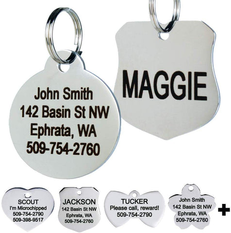 GoTags Stainless Steel Pet ID Tags, Personalized Dog Tags and Cat Tags, up to 8 Lines of Custom Text, Engraved on Both Sides, in Bone, Round, Heart, Bow Tie, Flower, Star and More