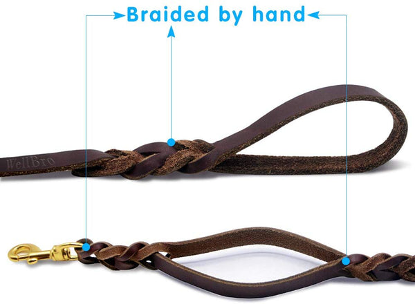 Wellbro Luxury Genuine Leather Double Handle Dog Leash, Braided Training Lead with Traffic Handle, Easy Control and Heavy Duty, 1.8cm Width by 6ft Length, Brown