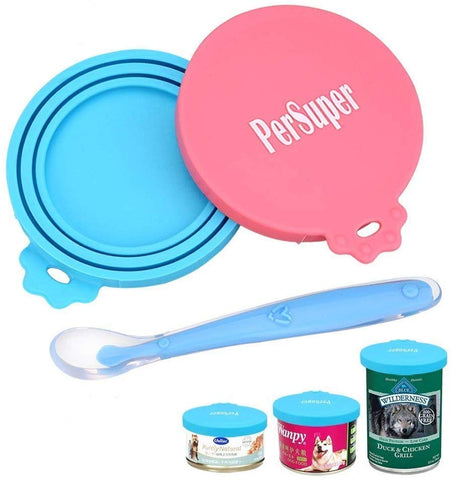 PERSUPER Pet Can Covers Scoop Packaging - 1 Spoon + 2 Pack Universal BPA Free Silicone Pet Food Can Multiple Sizes Lid Covers, One Size Fits All Standard Size Dog and Cat Can Tops