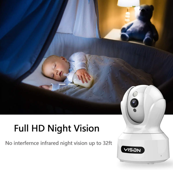 VISON Baby Monitor, WiFi pet Camera, FHD1080P Dog Camera, Wireless IP Camera, Home Security Camera with Alexa, Motion and Sound Detection, Motion Tracking, Two-Way Audio