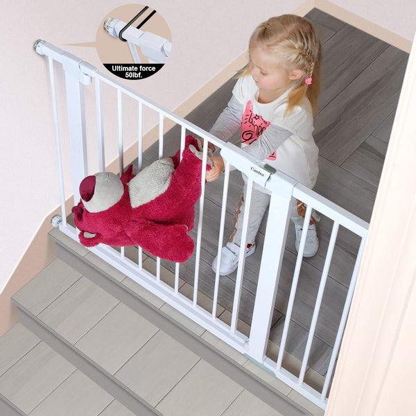 Cumbor 43.3” Auto Close Safety Baby Gate, Extra Tall and Wide Child Gate, Easy Walk Thru Durability Dog Gate for The House, Stairs, Doorways. Includes 4 Wall Cups, 2.75-Inch and 8.25-Inch Extension