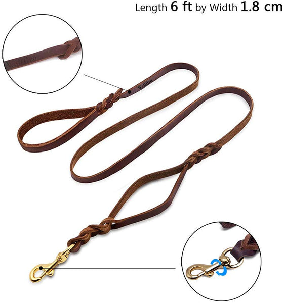 Wellbro Luxury Genuine Leather Double Handle Dog Leash, Braided Training Lead with Traffic Handle, Easy Control and Heavy Duty, 1.8cm Width by 6ft Length, Brown