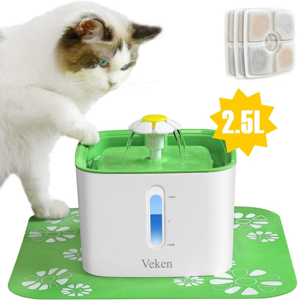 Veken Cat Water Fountain, 2.5L Automatic Pet Water Fountain Dog Water Dispenser with 3 Replacement Filters 1 Silicone Mat for Cats and Small to Medium Dogs