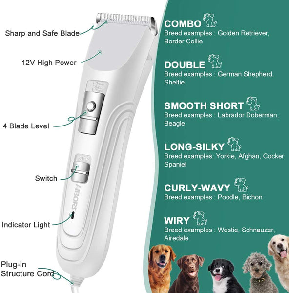 AIBORS Dog Grooming Clippers kit with 12V High Power Low Noise for Thick Coats Heavy Duty Plug-in Pet Trimmer Electric Professional Hair Clippers for Dogs Cats Pets