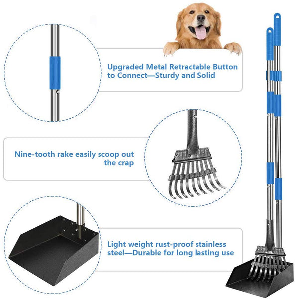 QiMH Dog Pooper Scooper, Long Handle Stainless Metal Pet Poop Tray and Rake Set for Small Medium Dogs Waste Removal, Clean Response Dog Waste Bin & Rake