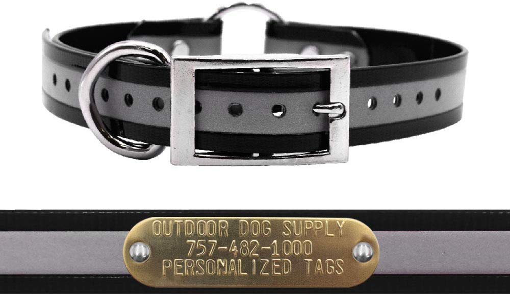 Outdoor Dog Supply 1" Wide Reflective Ring in Center Dog Collar Strap with Custom Brass Name Plate