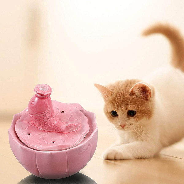 ROSE CREATE Ceramic Cat Drinking Water Fountain, 1.5 Liters Pet Water Fountains for Cats and Dogs, Electric Pet Water Dispenser with Quiet Pump and 5 Replacement Filters - Pink Carp Style