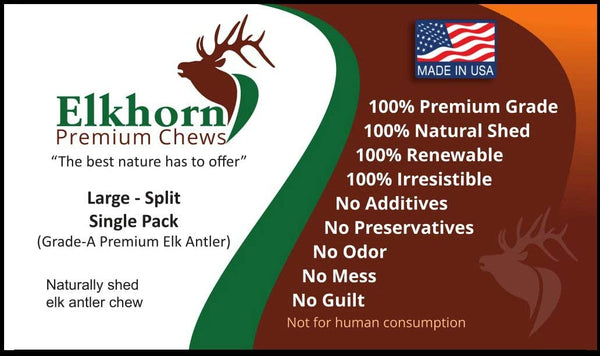 Elkhorn Premium Chews Large, Split, Single Pack Grade A Premium Elk Antler Chew for 30+ lb Dogs – Naturally shed from Wild elk – No Mess, No Odor – Made in The USA