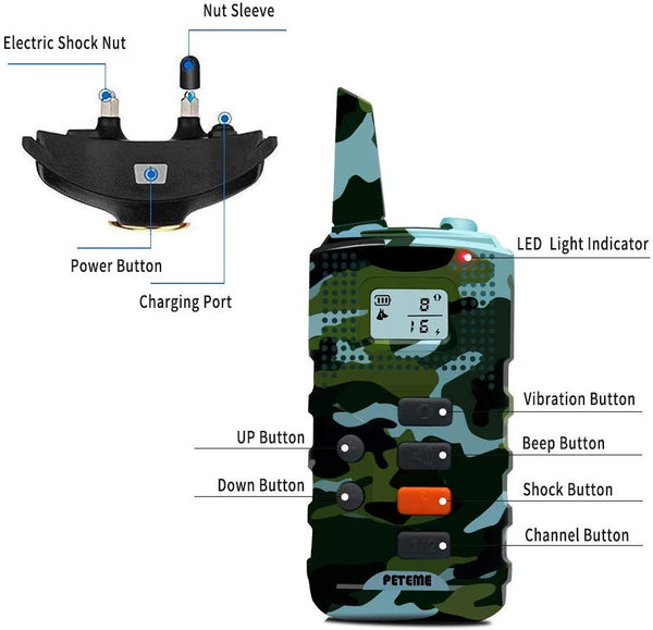 Peteme Shock Collar for Dogs, Dog Training Shock Collar Rechargeable with Beep/Vibration/Shock,100% Waterproof, 1200 ft Remote Trainer Range Collar for Small Medium Large Dogs.
