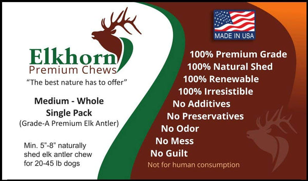 Medium, Whole, Single Pack - Grade A Premium Elk Antler Dog Chew for 20 to 45 lb Dogs – Naturally shed from Wild elk – No Mess, No Odor – Made in The USA