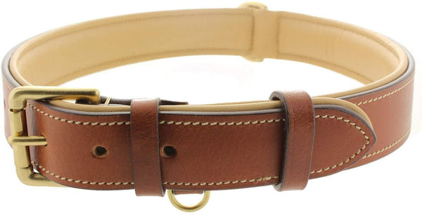 Viosi Leather Dog Collar for Large Medium Small Dogs Best Padded Buffalo Hide 2 Solid Brass Rings for Leash and Dog Tag, Metal D-Buckle