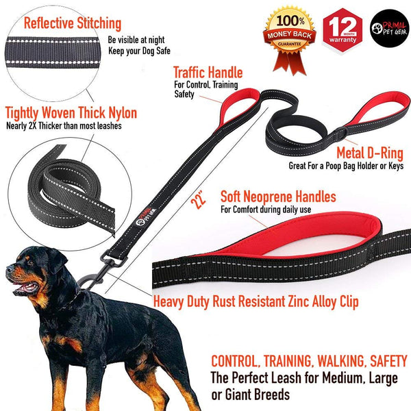 Primal Pet Gear Dog Leash 8ft Long - Traffic Padded Two Handle - Heavy Duty - Double Handles Lead for Control Safety Training - Leashes for Large Dogs or Medium Dogs - Dual Handles Leads