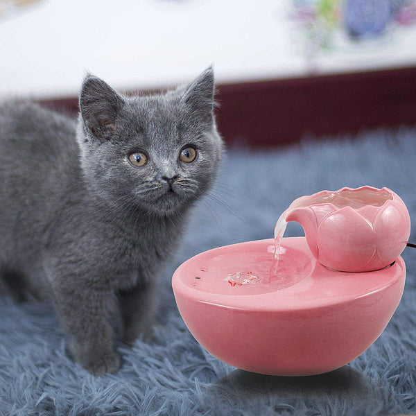 ROSE CREATE Ceramic Cat Drinking Water Fountain, 1.3 Liters Pet Water Fountains for Cats and Dogs, Electric Pet Water Dispenser with Quiet Pump and 5 Replacement Filters - Pink Lotus Style