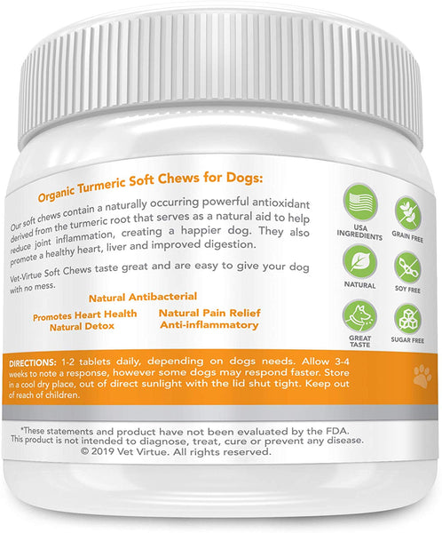 VET-VIRTUE Turmeric for Dogs- Organic Turmeric with Curcumin, Dog Joint Supplement Soft Chew, Collagen and Bioprene, High Absorption Eliminates Joint Pain Inflammation