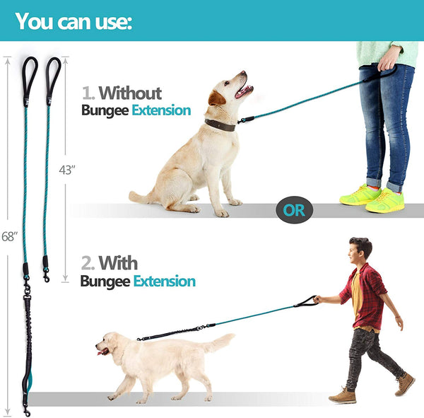 SparklyPets Heavy Duty Rope Bungee Leash for Large and Medium Dogs with Anti-Pull for Shock Absorption - No Slip Reflective Leash for Outside