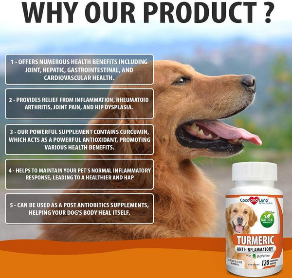 Vita Pet Life Turmeric for Dogs - Curcumin and BioPerine Anti Inflammatory Supplement, Antioxidant, Promotes Pain Relief, Prevents Joint Pain and Inflammation - 120 Natural Chew-able Tablets