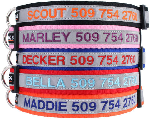 GoTags Reflective Personalized Dog Collar, Custom Embroidered with Pet Name and Phone Number in Blue, Black, Pink, Red and Orange, for Boy and Girl Dogs, 3 Adjustable Sizes, Small, Medium, and Large