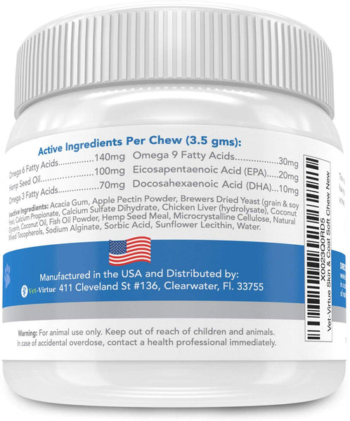 VET-VIRTUE Omega 3 for Dogs - Skin and Coat Soft Chew with Fish Oil for Dogs, Coconut Oil, EPA and DHA Supports Dog Skin Allergy Treatment for Itch-Free Skin, Increase Shiny Coat, Reduce Hot Spots