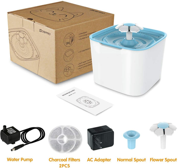 Pet Fountain Cat Water Dispenser - Healthy and Hygienic Drinking Fountain Super Quiet Flower Automatic Electric Water Bowl with 2 Replacement Filters for Dogs, Cats, Birds and Small Animals Blue