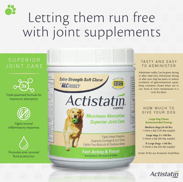 Actistatin Canine - Patented Extra-Strength Joint, Cartilage, Soft Tissue Supplement: Glucosamine, Chondroitin, Manganese, MSM, L-Carnitine - High Absorption, Fast Results