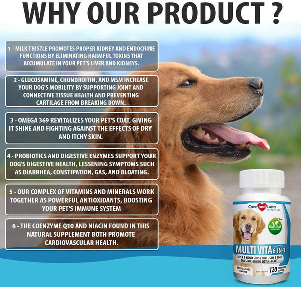 Multivitamin for Dogs, Milk Thistle for Liver and Kidney, Glucosamine, MSM, Chondroitin, Omega 3, Biotin, Probiotics, Enzymes, Coq 10, Vitamins A, C and E. 120 Natural Chew-able Tablets.