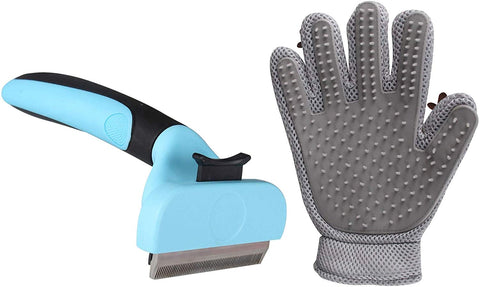 NVTED Pet Grooming Brush & Gloves Set, Cat Dog Hair Shedding Tool Bath Brush Stainless Steel Trimming Blade and Hair Remover Massage Grooming Glove Reduces Shedding Hair Deshedding Tool