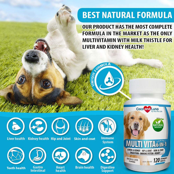 Multivitamin for Dogs, Milk Thistle for Liver and Kidney, Glucosamine, MSM, Chondroitin, Omega 3, Biotin, Probiotics, Enzymes, Coq 10, Vitamins A, C and E. 120 Natural Chew-able Tablets.