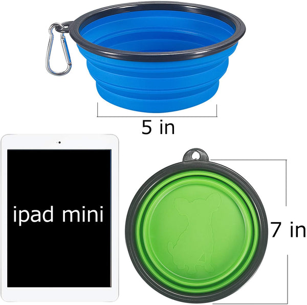 COMSUN 2-Pack Extra Large Size Collapsible Dog Bowl, Food Grade Silicone BPA Free, Foldable Expandable Cup Dish for Pet Cat Food Water Feeding Portable Travel Bowl Blue and Green Free Carabiner