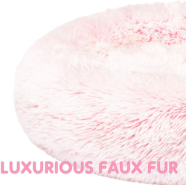 Friends Forever Donut Cat Bed, Faux Fur Dog Beds for Medium Small Dogs - Self Warming Indoor Round Pillow Cuddler Pink & Tan