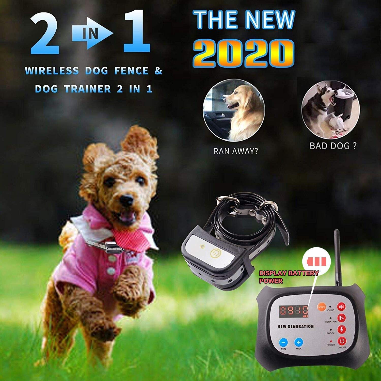 JUSTPET Wireless Dog Fence + Remote Dog Training Collar 2-in-1 System, Safe Harmless Electric Dog Wireless Fence Adjustable Range, Waterproof Reflective Collar