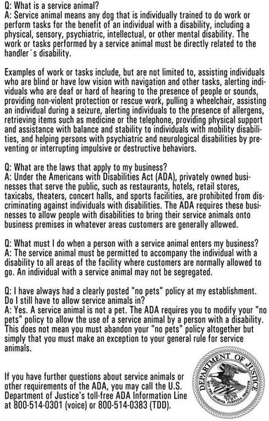 Service Dog Cards - 50 ADA Service Dog Information Cards State Your Rights - Service Dog ADA Info Cards state your legal rights - Give them to people that don't know your rights which allow you to bring your dog anywhere