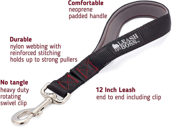 Leashboss Short Dog Leash with Padded Handle - 12, 18, and 24 Inch Leads for Large Dogs - 1 Inch Nylon