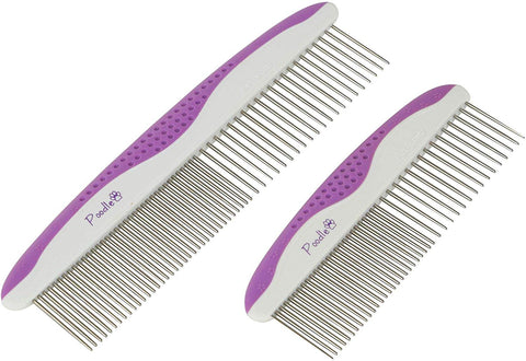 Poodle Pet Dog Combs for Grooming | 2 Pack | Stainless Steel Teeth Easily Remove Dirt | Proper Care Prevents Knots and Mats for Long and Short Haired Pets |Anti-Slip Comfort Grip Handle| Purple