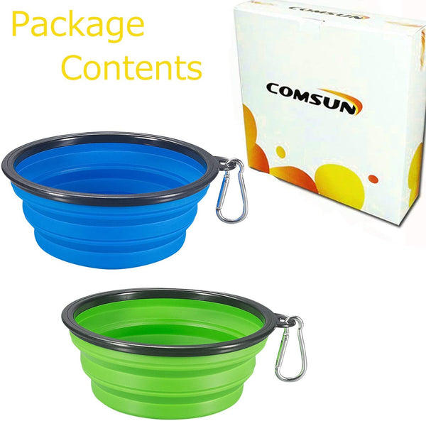 COMSUN 2-Pack Extra Large Size Collapsible Dog Bowl, Food Grade Silicone BPA Free, Foldable Expandable Cup Dish for Pet Cat Food Water Feeding Portable Travel Bowl Blue and Green Free Carabiner