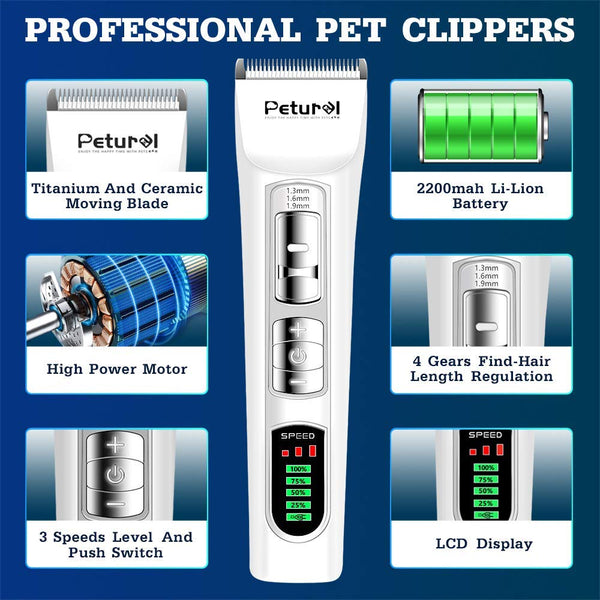 Dog Clippers Professional Dog Shaver Clippers Dog Grooming Clippers Pet Trimmers Clippers Quiet Pet Clippers Dog Grooming Kit Cordless LCD Display Low Noise Electric Dog Shaver Clippers