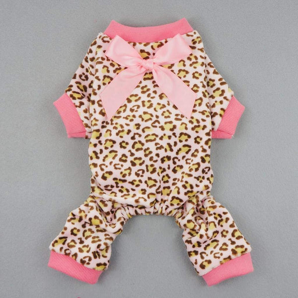 Fitwarm Leopard Print Velvet Pet Dog Jumpsuit with Ribbon