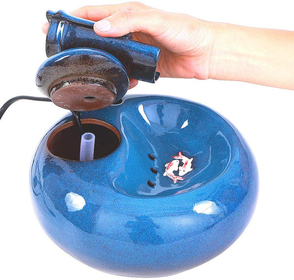 ROSE CREATE Ceramic Cat Drinking Water Fountain, 1.4 Liters Pet Water Fountains for Cats and Dogs, Electric Pet Water Dispenser with Quiet Pump and 5 Replacement Filters - Blue Bamboo Style