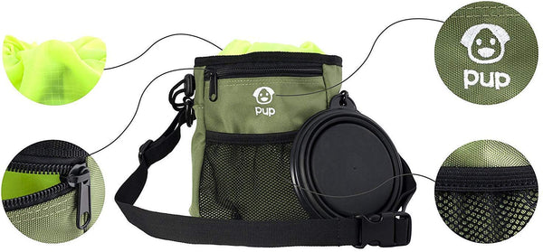 Pup Pouch Nookoo Large Dog Walking Training Treat Bag w/Collapsible Water Bowl - Built-in Waste Bag Dispenser - Carries Phone, Toys, Kibble, Treats - 3 Ways to Wear - Olive Green