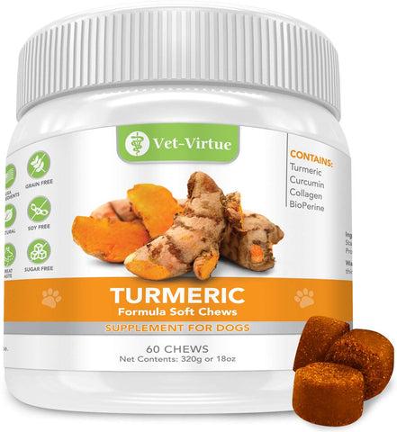 VET-VIRTUE Turmeric for Dogs- Organic Turmeric with Curcumin, Dog Joint Supplement Soft Chew, Collagen and Bioprene, High Absorption Eliminates Joint Pain Inflammation